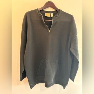 Liz Claiborne Black Sweater Sz Large 1/4 Zip Ribbed Knit 100% Cotton